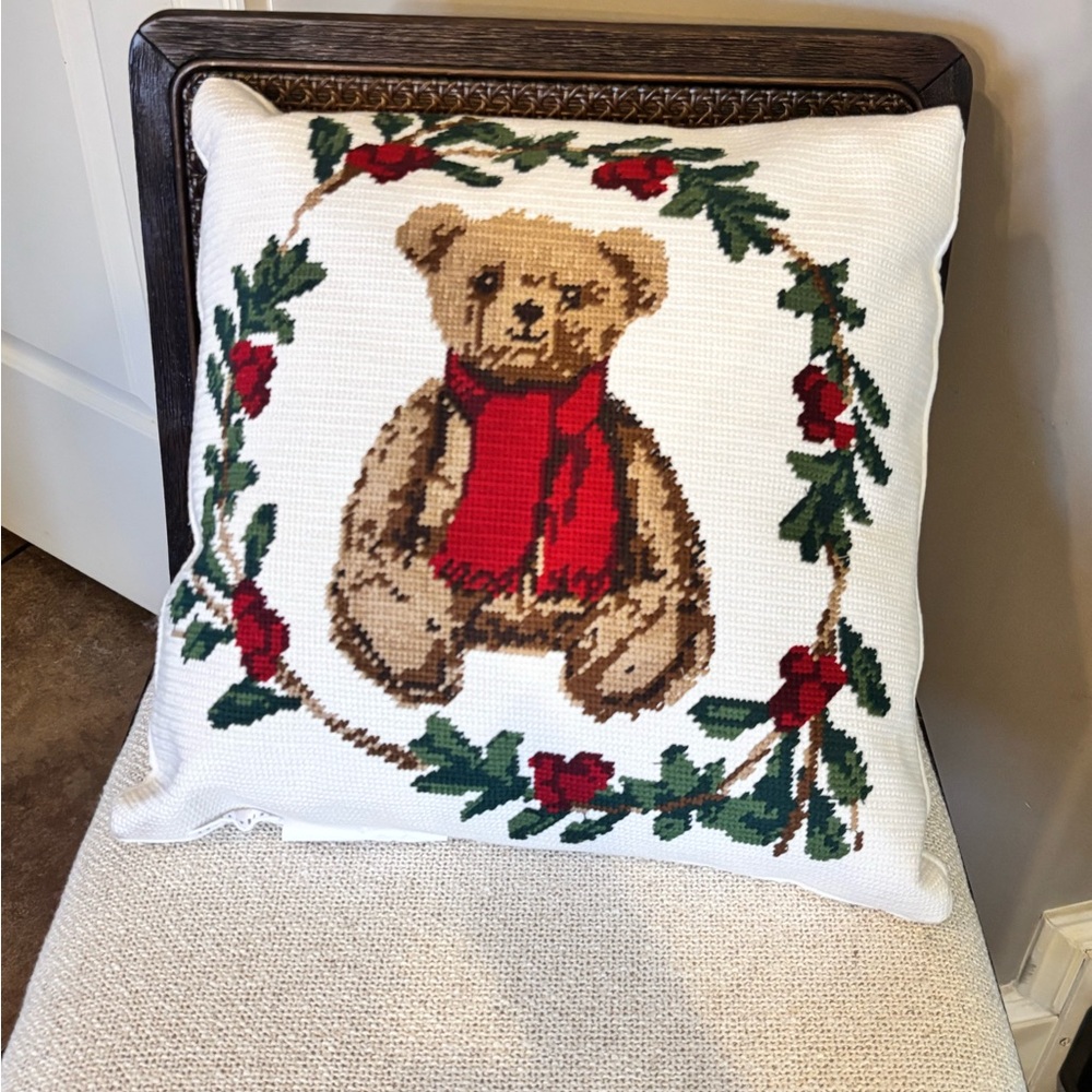 *Adorable!!  Pottery Barn Holiday Bear Pillow with Red and Brown Details
